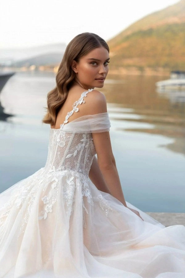 Fairy Long Ivory Off The Shoulder Sleeveless A Line Wedding Dress With Appliques