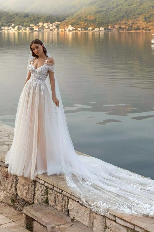 Fairy Long Ivory Off The Shoulder Sleeveless A Line Wedding Dress With Appliques