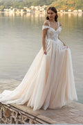 Fairy Long Ivory Off The Shoulder Sleeveless A Line Wedding Dress With Appliques