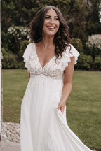 Ivory Fairy Long V Neck A Line Wedding Dress With Appliques Short Sleeves