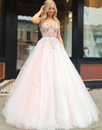Fascinating Long A-line V-neck Appliques Lace Tulle Backless Prom Dress
