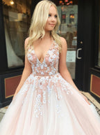 Fascinating Long A-line V-neck Appliques Lace Tulle Backless Prom Dress