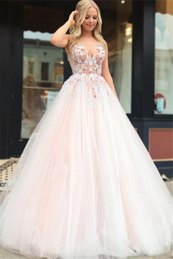 Fascinating Long A-line V-neck Appliques Lace Tulle Backless Prom Dress