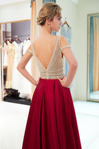 Faszinierende lange Abendkleider aus Stretch-Satin in A-Linie mit V-Ausschnitt und Perlen