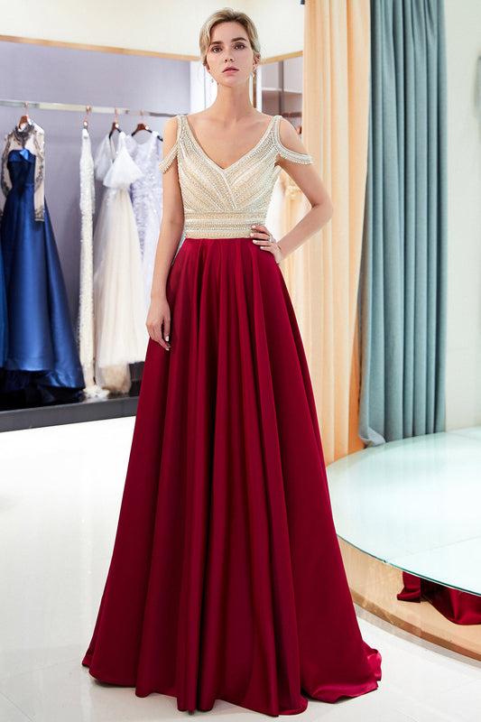 Faszinierende lange Abendkleider aus Stretch-Satin in A-Linie mit V-Ausschnitt und Perlen