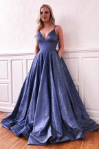 Fascinating Long A-line V-neck Bright silk Prom Dress with Pockets