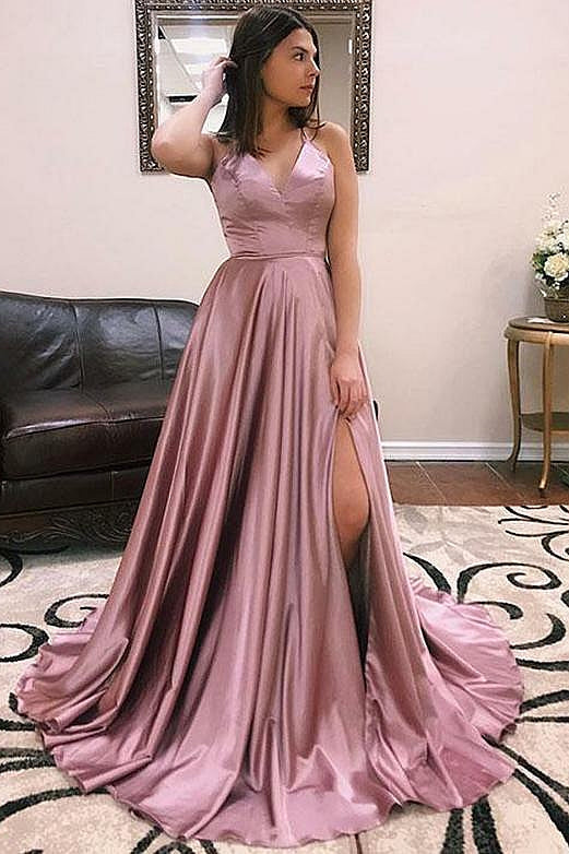 Fascinating Long A-line V-neck Satin Open Back Prom Dress with Front Slit