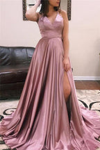 Fascinating Long A-line V-neck Satin Open Back Prom Dress with Front Slit