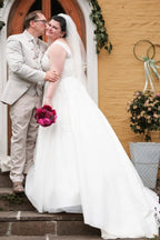 Ivory V Neck Sleeveless A Line Wedding Dress With Appliques And Chapel Train