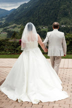 Ivory V Neck Sleeveless A Line Wedding Dress With Appliques And Chapel Train