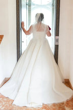 Ivory V Neck Sleeveless A Line Wedding Dress With Appliques And Chapel Train