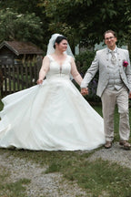 Ivory V Neck Sleeveless A Line Wedding Dress With Appliques And Chapel Train