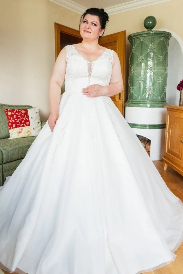 Ivory V Neck Sleeveless A Line Wedding Dress With Appliques And Chapel Train