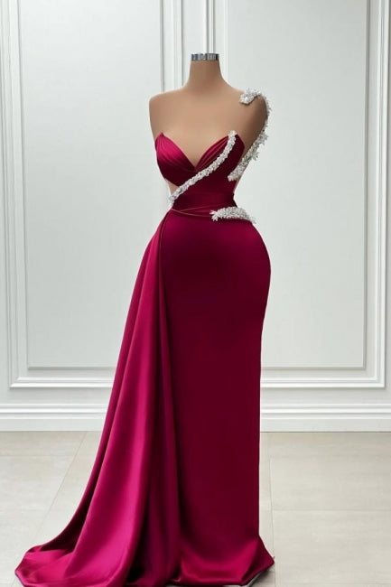 Modisches langes Burgunder Meerjungfrau One-Shoulder Perlen Satin Ballkleid