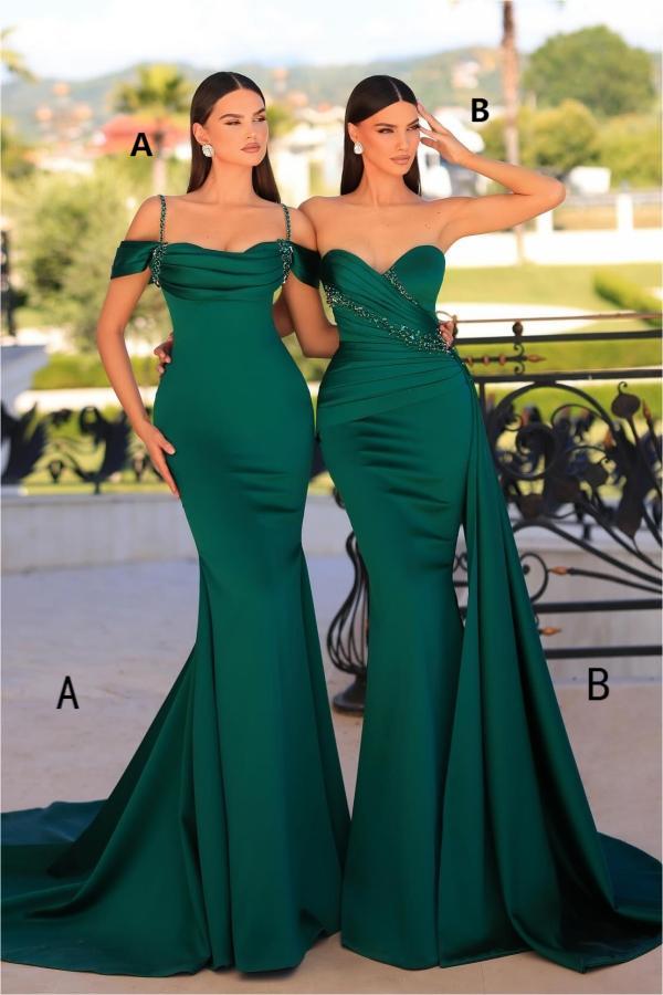 Vestido de fiesta largo de satén con cuentas, sin mangas, estilo sirena, color verde oscuro, a la moda