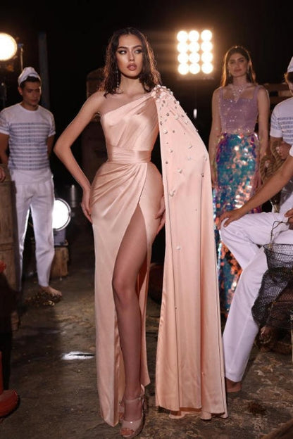 Fashionable Long Peach One Shoulder Satin Floor Length Prom Dress with Slit