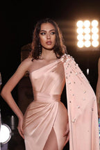 Fashionable Long Peach One Shoulder Satin Floor Length Prom Dress with Slit