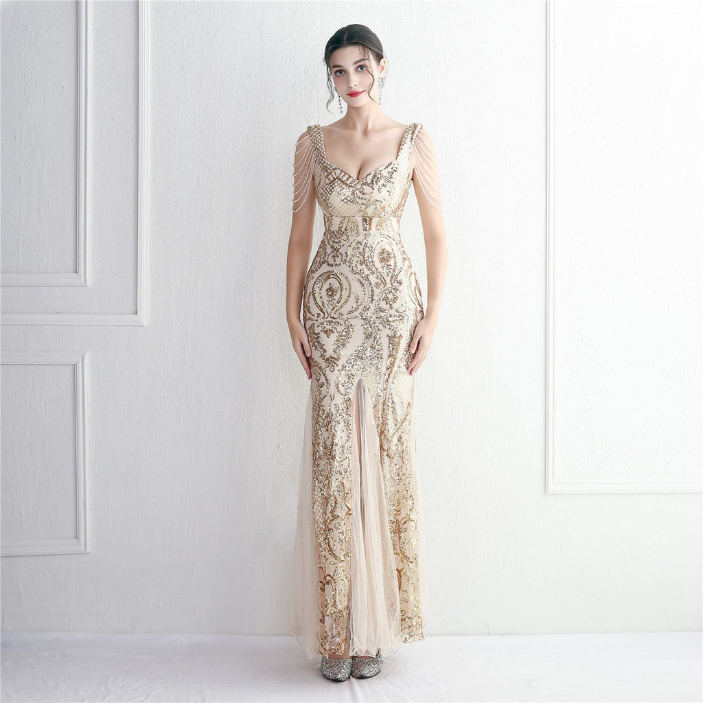 Sequin Mesh Craft Beaded Party Dress Long Cocktail Slim Fit Evening Dress Elegant Long