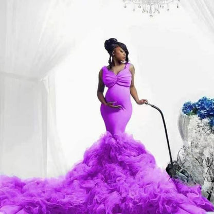 6128#New soft net waist fishtail elastic swing pregnant women's big belly photo dress