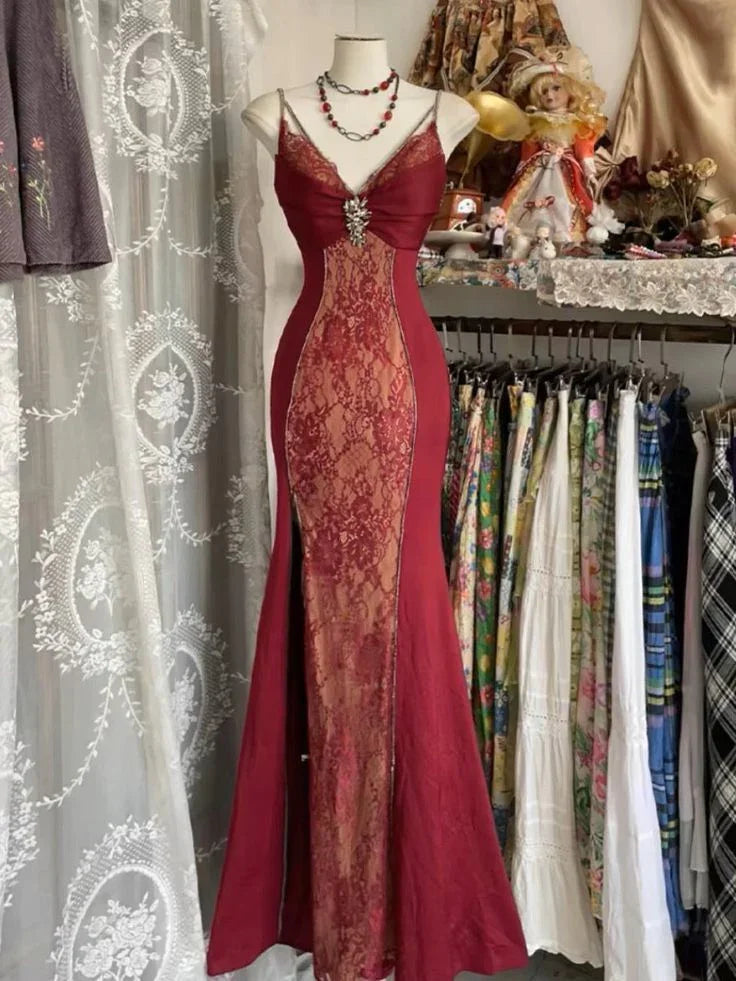 Vestido de Noite Sereia em Renda Borgonha Encantadora com Alças Vestido de Baile Y7685