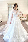 Vintage Open Back Long A Line High Neck Wedding Dress With Lace Sleeves