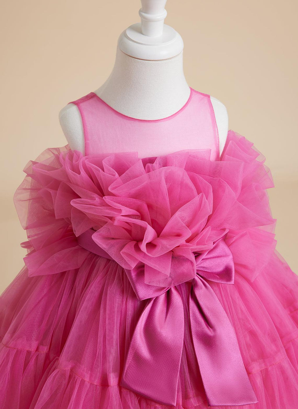 Pink Princess Tulle Flower Girl Dress With Bow And Scoop Neck Details