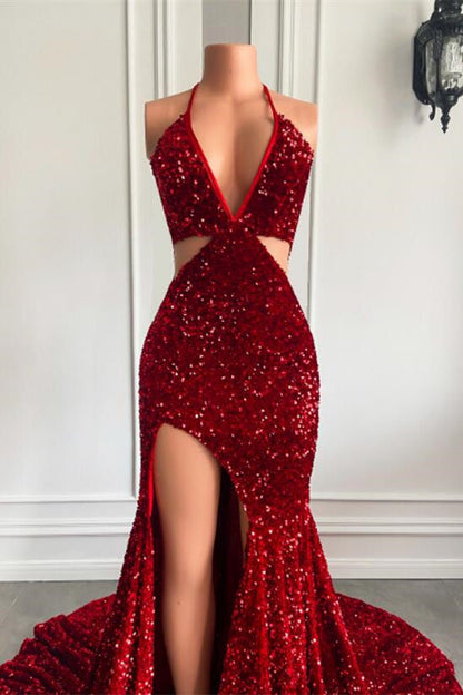 Split Front Red Halter V-Ncek Sequin Floor Length Mermaid Prom Dress