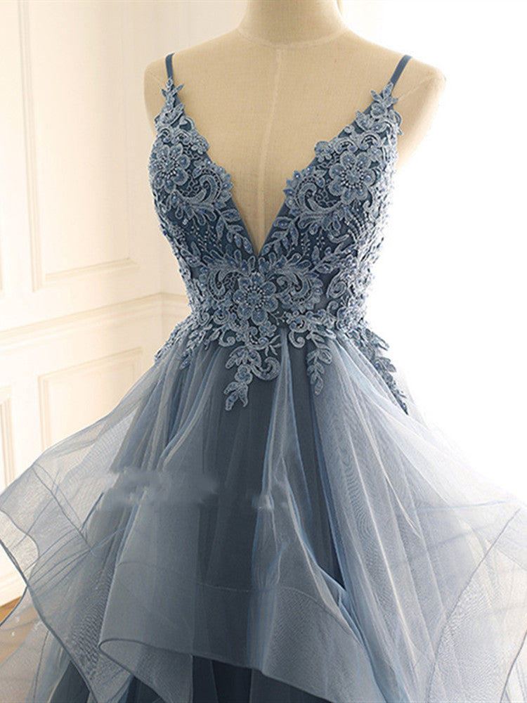 BMbridal Chic Tulle Spaghetti Straps V Neck Prom Dresses with Appliques Online