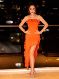 Orange High Slit Evening Dress