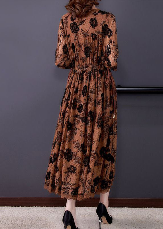 Elegant Coffee Cinched Print Lace Long Dresses Spring