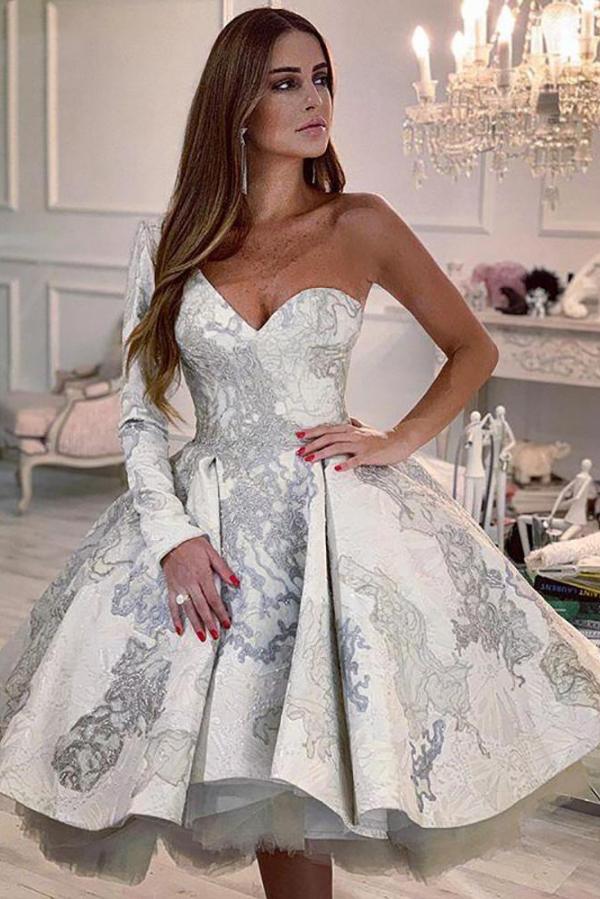 One Shoulder Floral Pattern A Line Short Wedding Dress With Sleeves