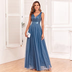 Patchwork Stretch Waist Sleeveless V Neck Evening Dress with Tulle Embroidery – Elegant, Long, and Swingy Party Dress