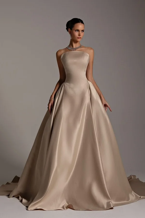 Chic Strapless Sleeveless A Line Long Prom Dress With Pleated Details