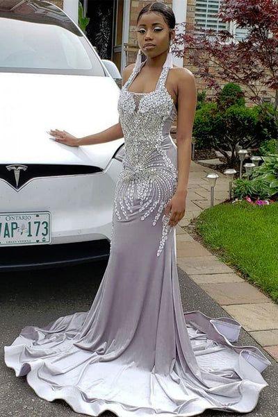 Vestidos de Festa Prateados com Cristais e Alças, Ajustados e Evasê, Vestidos de Noite Sedutores com Costas Descobertas Y157