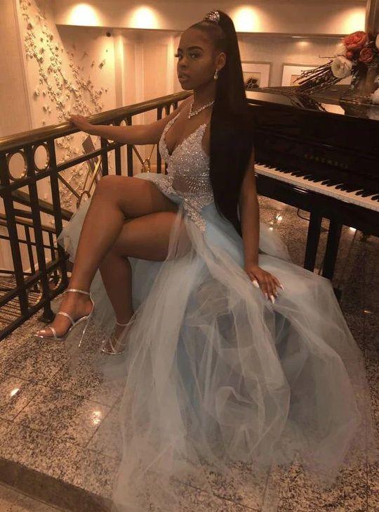 Bellissimo abito da sera con scollo a V in pizzo, abito elegante con spacco sensuale Y170