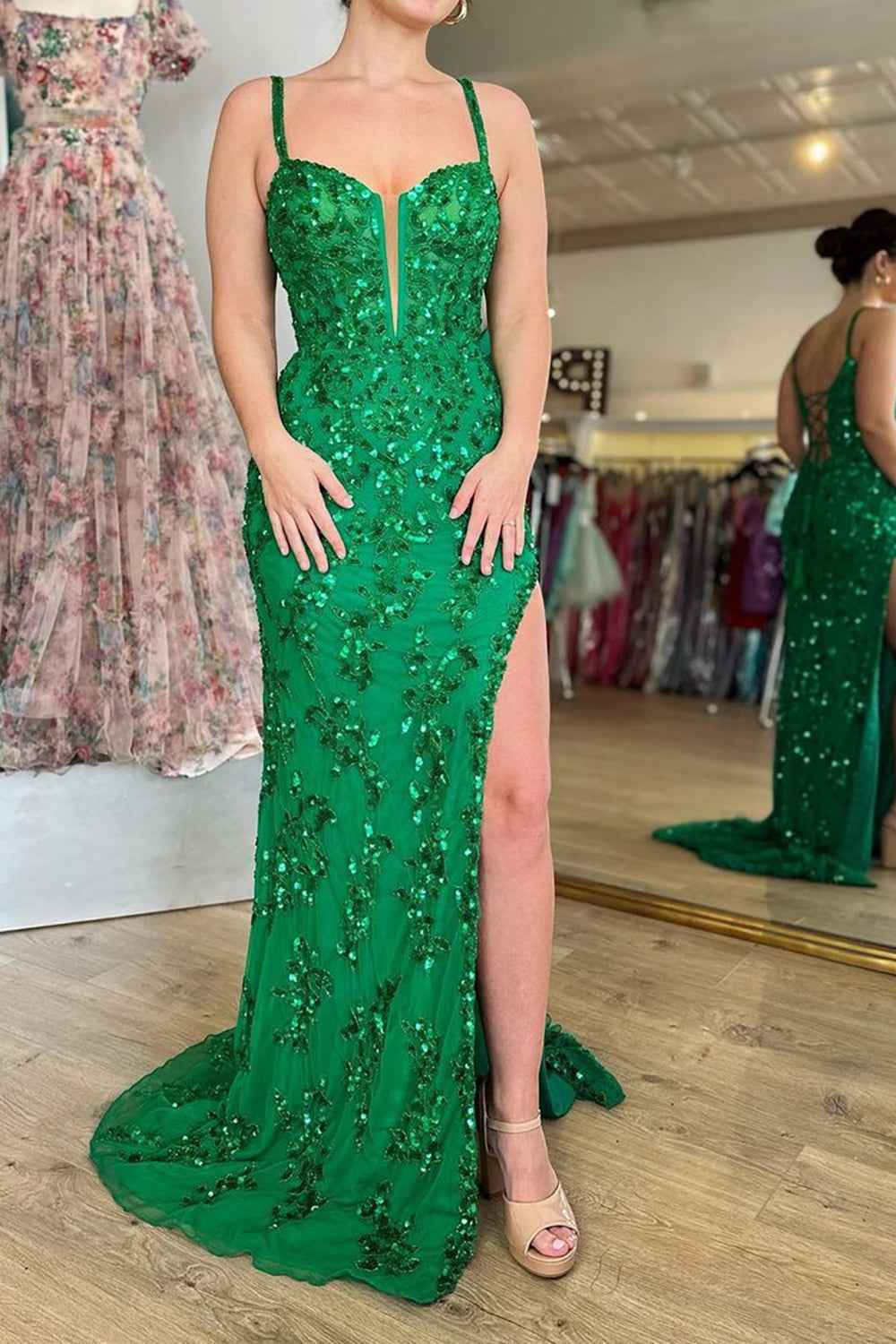 Sparkly Blue Sheath Sequins Long Prom Dress With Slit