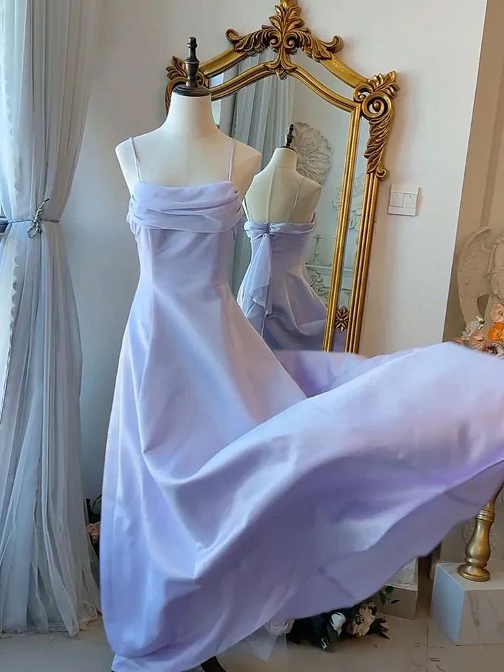 Abito da sera elegante viola con spalline sottili, vestito da fata formale per festa, abito da sera Y7554