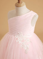 Enchanted Blush Princess Flower Girl Dress With Tulle Ruffles And Sweep Train