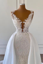 Gorgeous White Crystal Lace Appliques Mermaid Wedding Dress With Overskirt