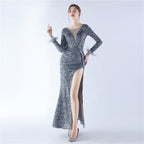 Handmade Sequin Craft Order Ostrich Feather Long Sleeve Evening Dress
