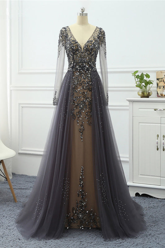 Elegant V Neck Long Sleeves Prom Dress With Overskirt Beading And Appliques