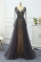 Elegant V Neck Long Sleeves Prom Dress With Overskirt Beading And Appliques