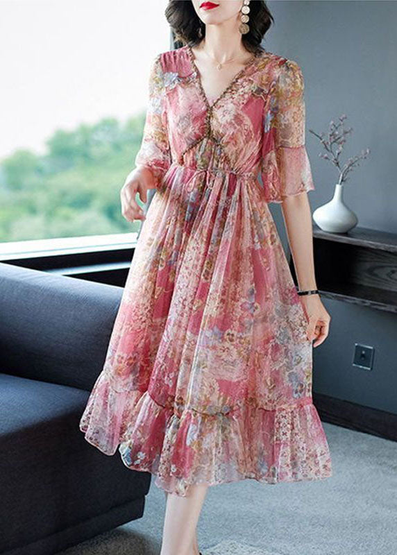 Abito lungo estivo in chiffon stampato rosa bohemien con scollo a V
