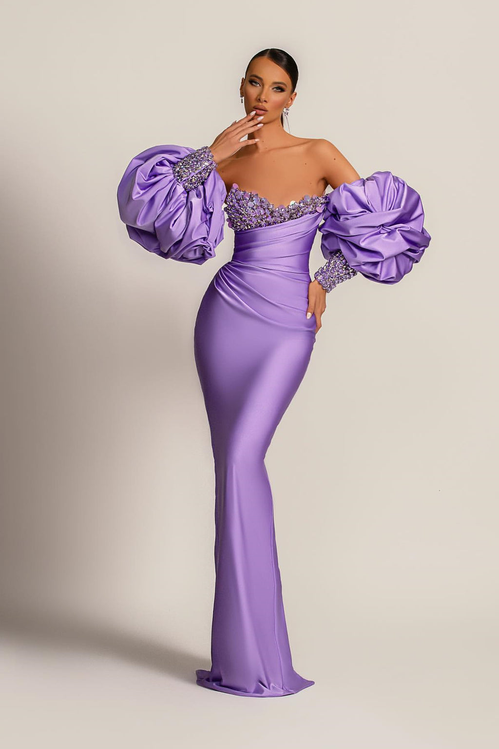 Custom Purple Mermaid Prom Dress With Appliques And Puff Sleeves