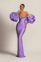 Custom Purple Mermaid Prom Dress With Appliques And Puff Sleeves