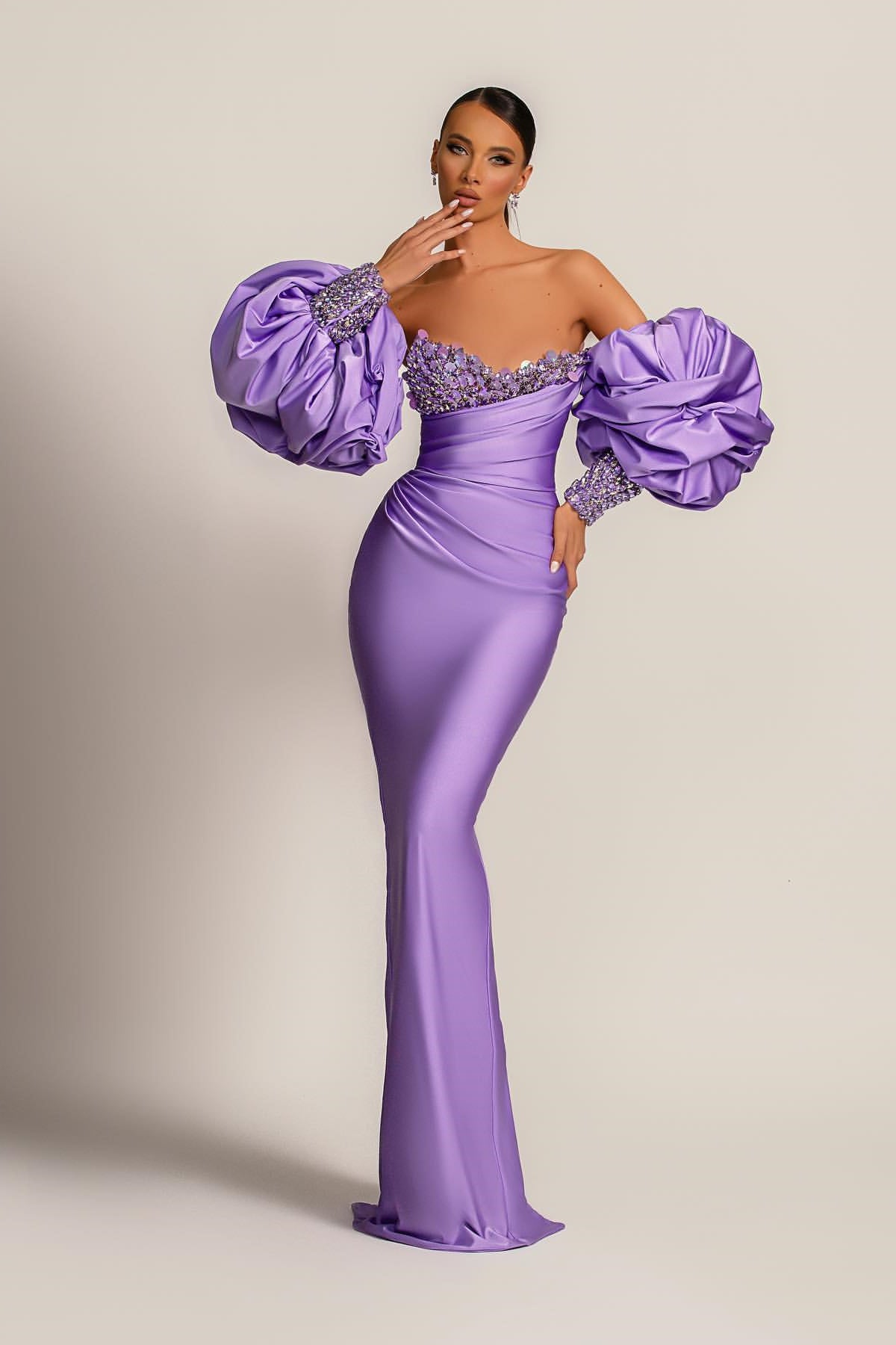 Custom Purple Mermaid Prom Dress With Appliques And Puff Sleeves