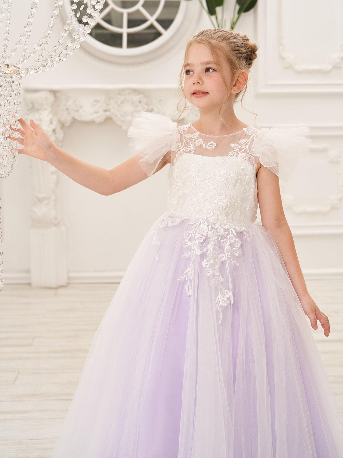 Detachable Lace Tulle Flower Girl Dress With Bow And Sweep Train