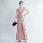 Boning Corset Ostrich Feather Back Lash Rope Bra Velvet High Density Sequined Fishtail Evening Dress