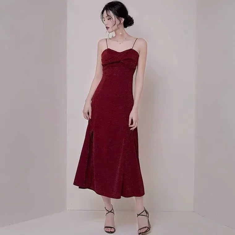 Abito da festa rosso vino con spalline sottili, abito da sera con spacco alto, abito da ballo senza schienale, abito formale su misura Y1140