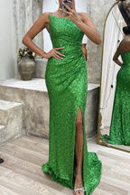 Abito da sera formale sexy in tinta unita con spacco asimmetrico e collo obliquo